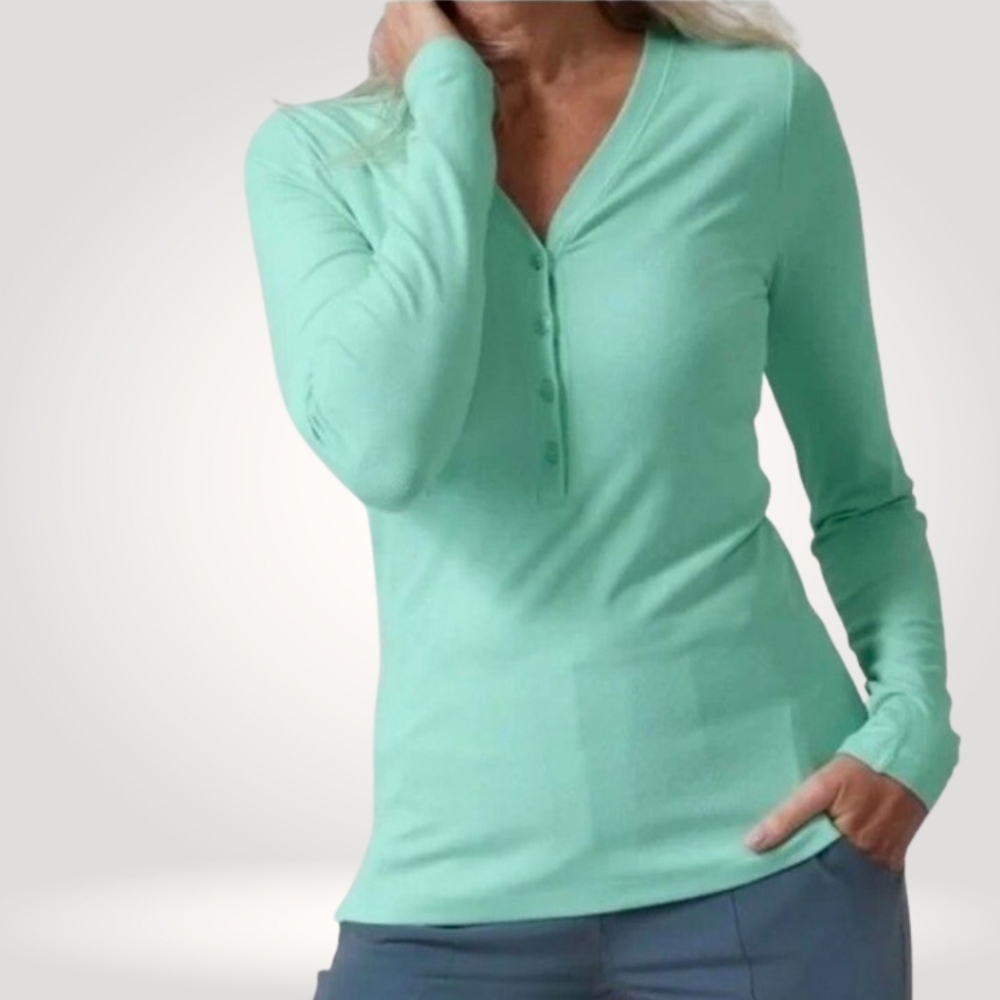 NEW Athleta Uptempo Ribbed Henley Long Sleeve Top Mint Green Women’s Size L